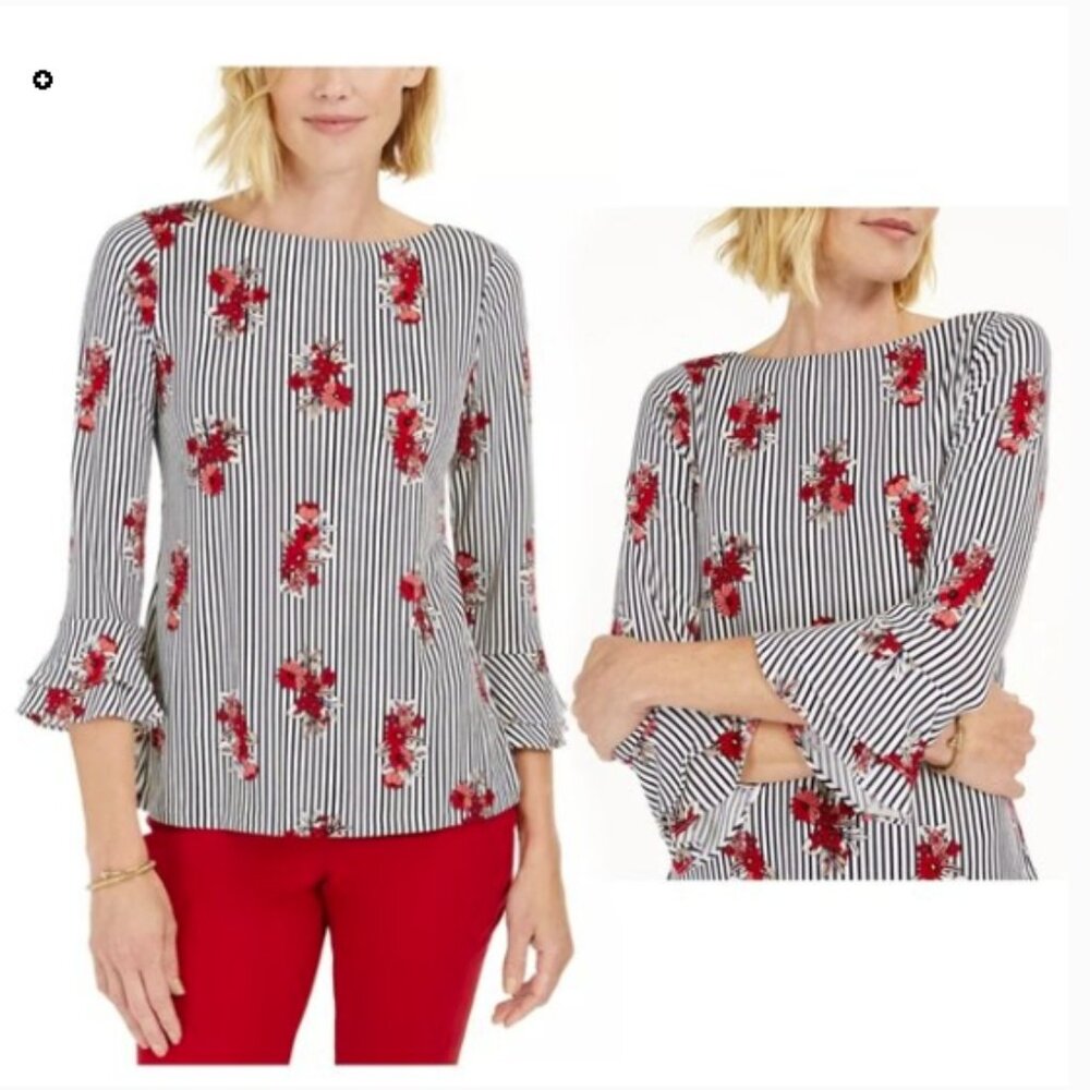 Charter Club Women's 3/4 Ruffled Sleeve Striped Floral Top. Size Med NWT